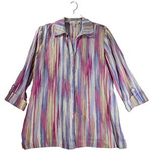 JM Collection Linen Shirt Womens Size 8 Stripe Rainbow 3/4 Tab Sleeve Boho Tunic